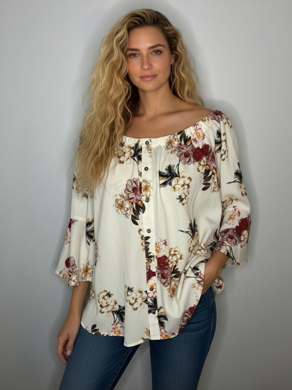 Umgee Cream Off-Shoulder Floral Button Front Blouse with Burgundy & Tan Accents